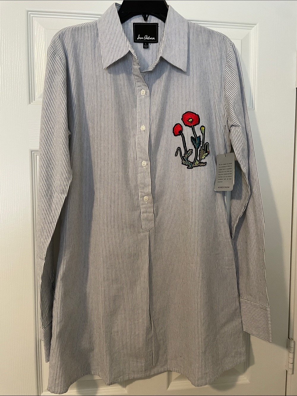 Sam Edelman Blue and White Pinstripe Button-Down Shirt with Red Floral Patch
